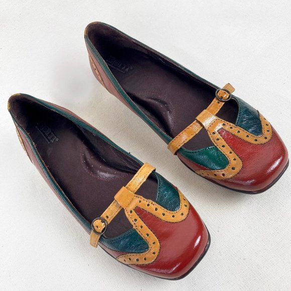 Red Yellow Green Retro Oxford Hand Painted Born Mary Jane Kitten Shoes - Picture 1 of 10
